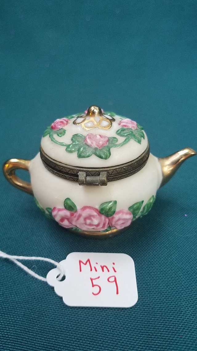 Miniature Teapot - Vintage -  White with Gold Trim - Pink Roses - Green Leaves - Golden Spoon - 2'' High