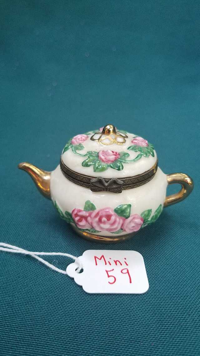 Miniature Teapot - Vintage -  White with Gold Trim - Pink Roses - Green Leaves - Golden Spoon - 2'' High