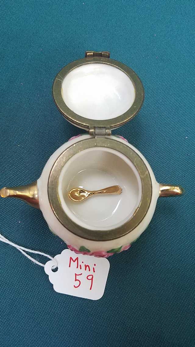 Miniature Teapot - Vintage -  White with Gold Trim - Pink Roses - Green Leaves - Golden Spoon - 2'' High