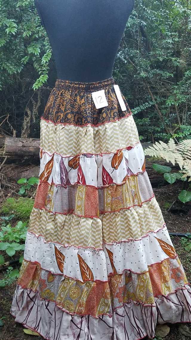 Maxi Skirt - Brown/Ivory/Black - Elastic Waist - 8 Tiers - Indian - Banjara - Tribal - Festival - Silk - One Size